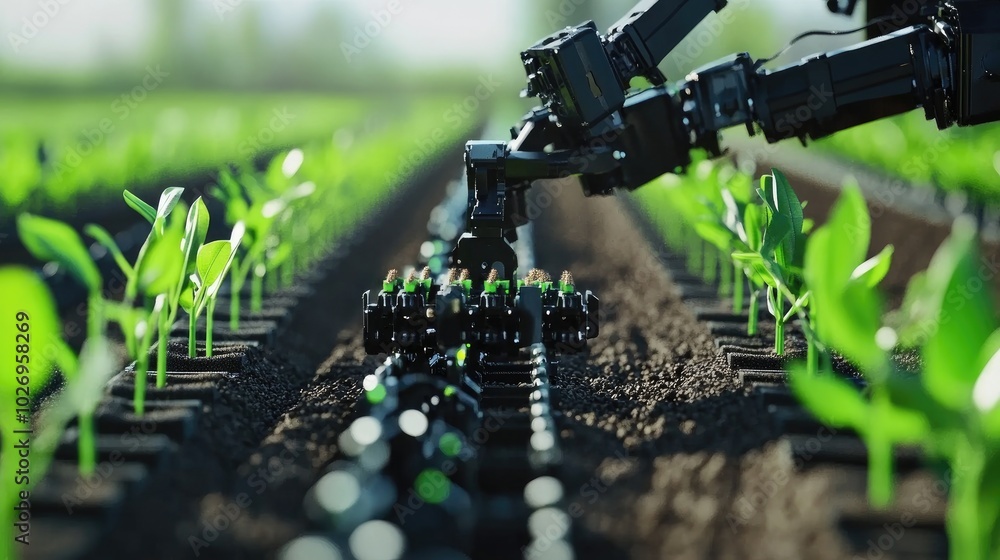 Poster close-up of ai-powered farming robots planting seeds in perfect rows in a smart agriculture field.
