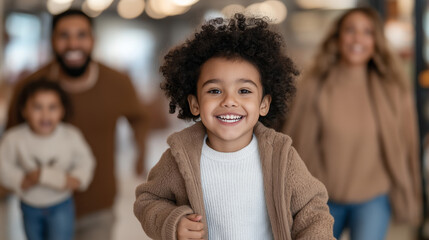 A mother and father with their two children shopping in a large department store. The kids are excitedly running ahead to look at toys, while the parents smile and talk. The store