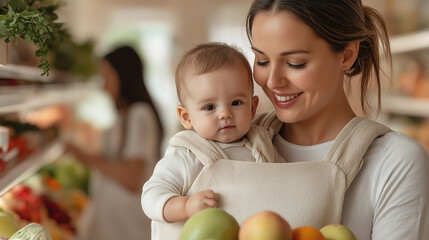 Fototapeta premium A mother holding her baby in a carrier while she shops for groceries. She is picking fresh fruit from a display, carefully balancing her tasks. The baby is looking around curiously