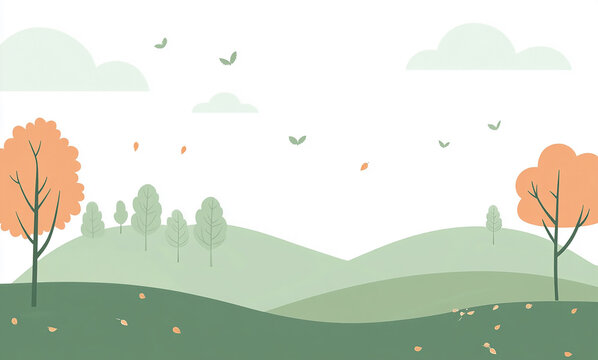 A simple, minimalist illustration of a rolling hill landscape with two orange trees, green hills and white clouds against a white background.