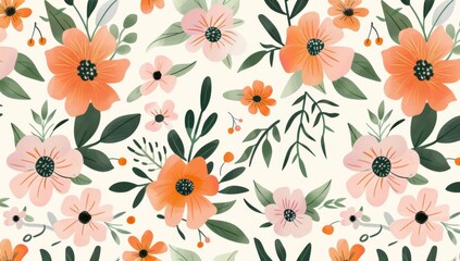 Vintage floral pattern illustration. Colorful organic nature design in seamless style. Spring season decoration with abstract flower art.