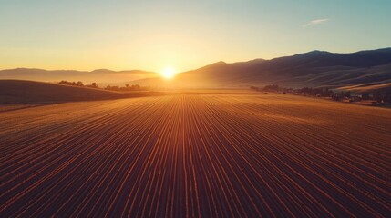 Obraz premium Irrigation systems watering a large farm field at sunrise, promoting sustainable agriculture practices.
