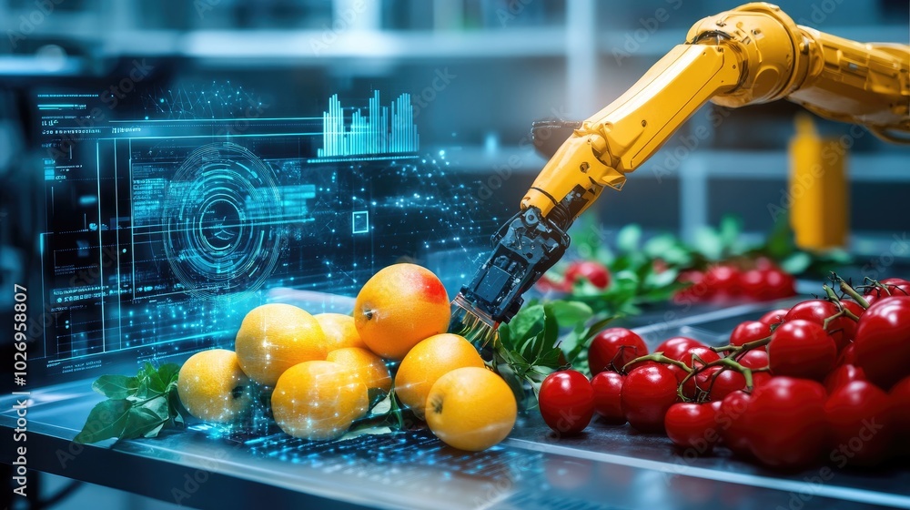 Poster robotic arm harvesting fruits while data is being transmitted to a cloud-based agriculture system.