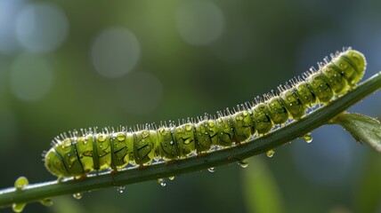 Fototapeta premium A vibrant green caterpillar, adorned with spines, perches on a slender twig.