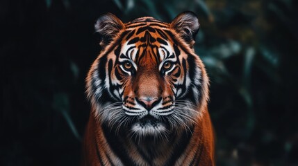 Fototapeta premium A close-up of a majestic tiger with striking orange and black stripes against a dark background.