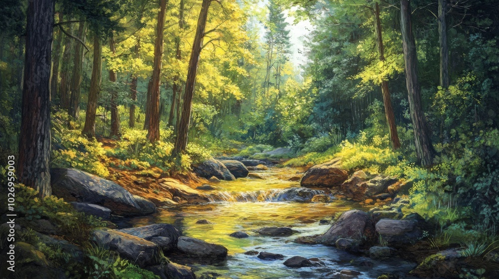 Poster a serene forest scene with a stream flowing through the trees. sunlight filters through the foliage,