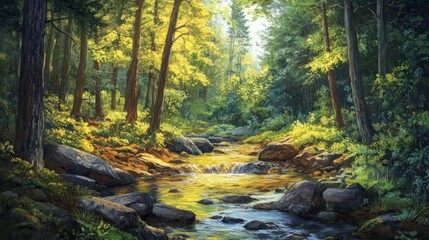 A serene forest scene with a stream flowing through the trees. Sunlight filters through the foliage, illuminating the water.