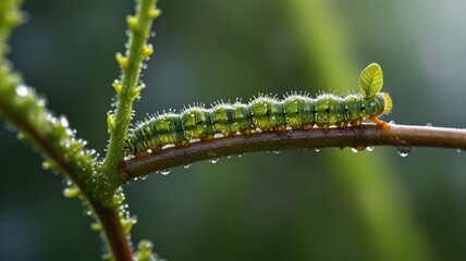 Naklejka premium A vibrant green caterpillar, adorned with spines, perches on a slender twig.