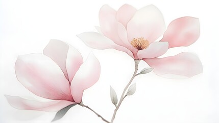 Fototapeta premium Watercolor magnolia blooms in soft pink and white tones, with minimal branch details, arranged on a light background, exuding a sense of quiet beauty and simplicity 