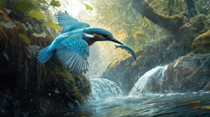Fototapeta premium A kingfisher diving into a river to catch a fish, its body streamlined and focused on the hunt