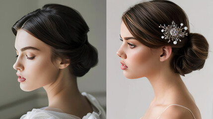A sleek and modern bridal hairstyle with a low bun, accented with a statement hairpiece for a chic, sophisticated look.