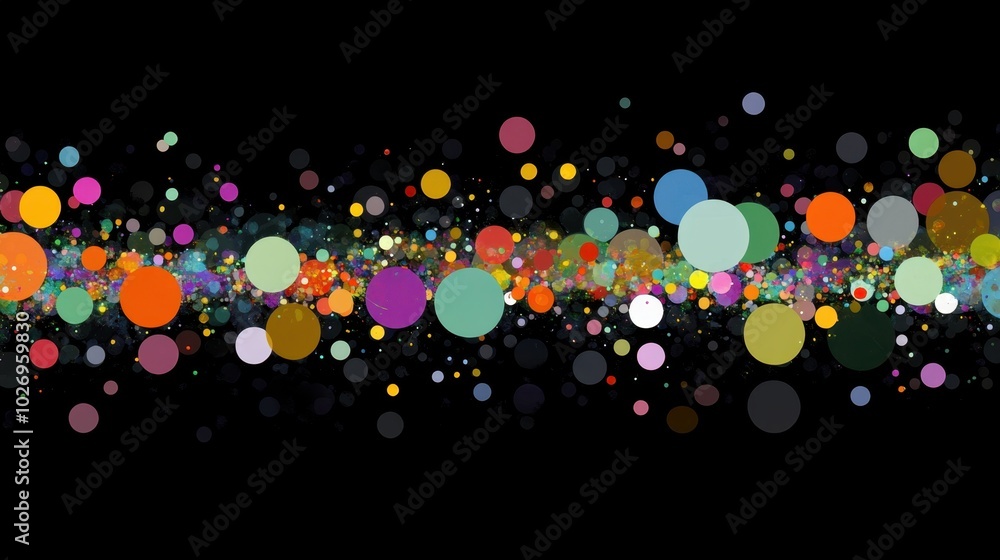 Poster colorful dots and circles in a bokeh style pattern, set against a dark black background, creating a 