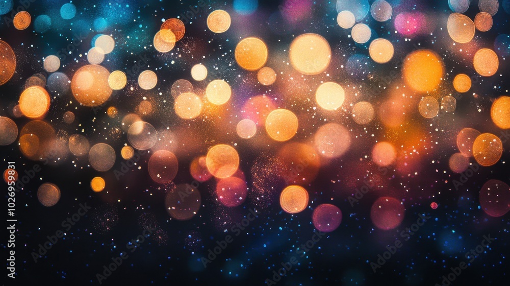 Poster colorful dots and circles in a bokeh style pattern, set against a dark black background, creating a 