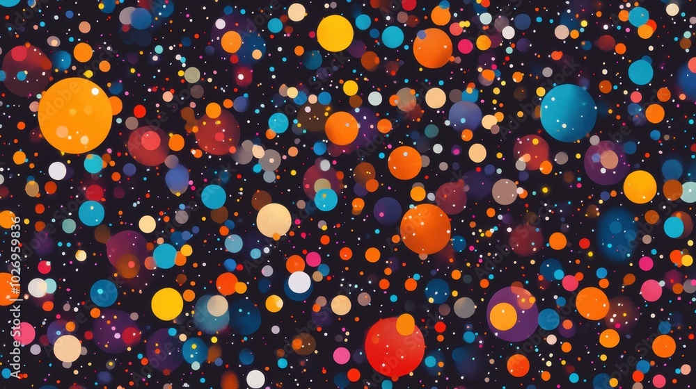 Poster colorful dots and circles in varying sizes, set against a black background, creating a bokeh-style p