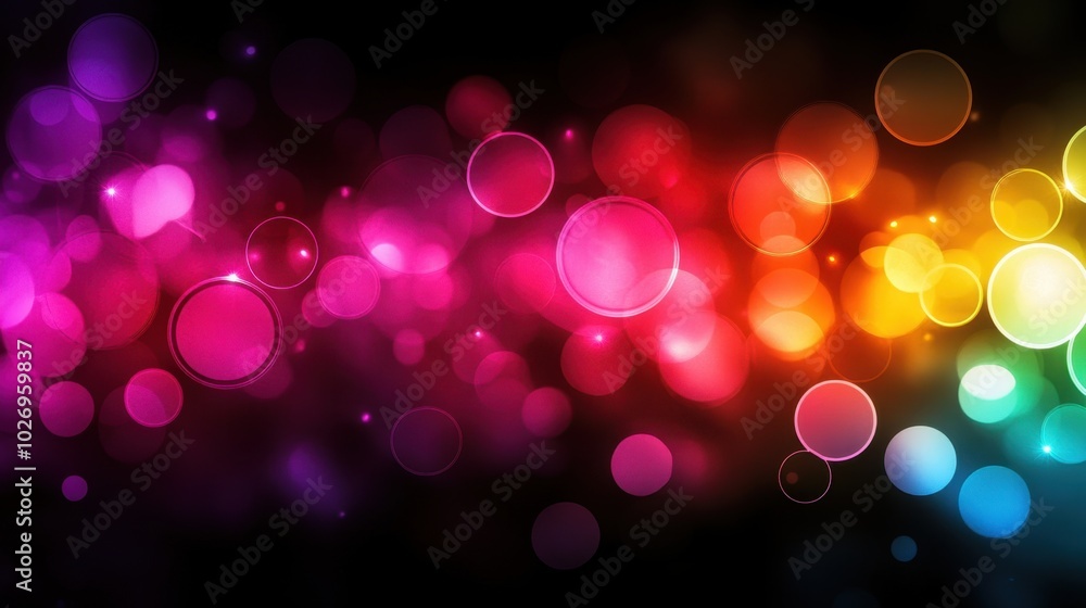 Poster colorful dots and circles in a bokeh style pattern, set against a dark black background, creating a 