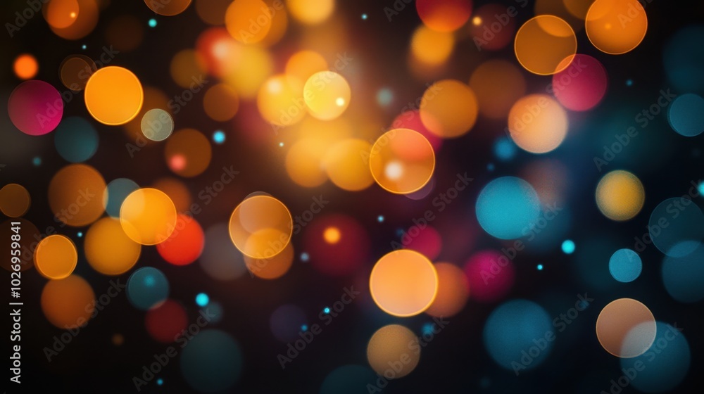 Poster colorful dots and circles in varying sizes, set against a black background, creating a bokeh-style p