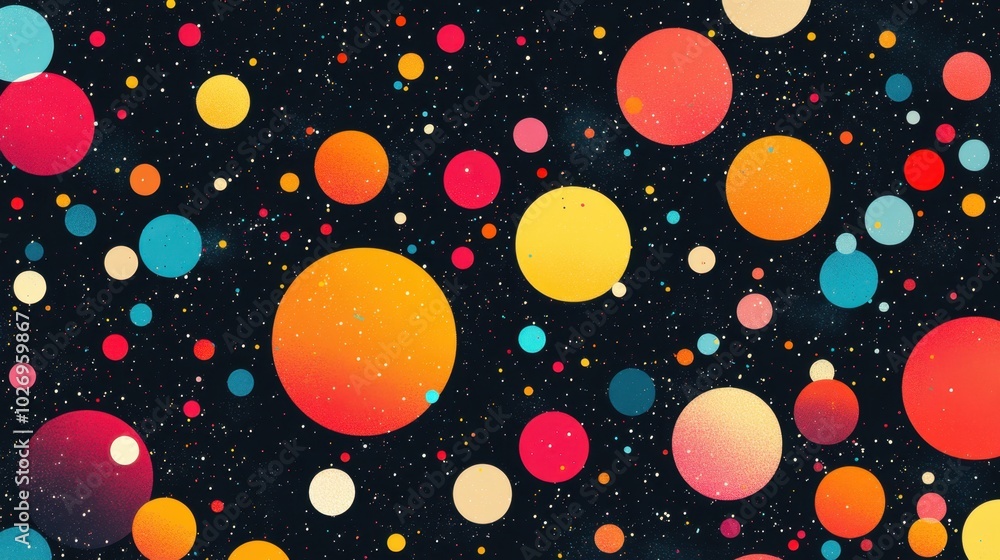 Poster colorful dots and circles in varying sizes, set against a black background, creating a bokeh-style p