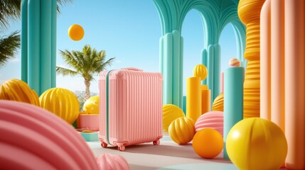 Vibrant travel scene with a pink suitcase surrounded by colorful playful shapes and palm trees.
