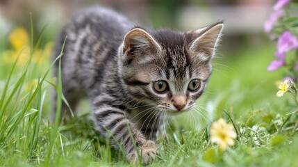 A kitten exploring a garden, walking through tall grass and stopping to smell the flowers