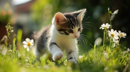 Fototapeta premium A kitten exploring a garden, walking through tall grass and stopping to smell the flowers