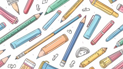 A detailed seamless pattern showcasing hand-drawn school supplies like pens, compasses, glue sticks, and notepads, rendered in a vector style, ideal for educational and back-to-school