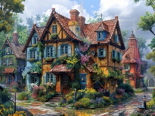 Fototapeta premium Charming Cottage with Flower Garden in a Quaint Village
