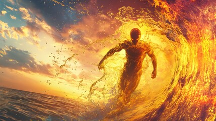 Obraz premium A captivating high-resolution photo featuring a golden humanoid figure breaking through a swirling splash of liquid gold, with a stunning sunset in the background, creating a powerful contrast 