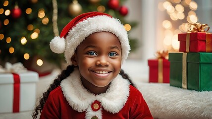 An African girl, looking happy in a Santa Claus outfit, is in a beautifully lit house, holding several red gift boxes.