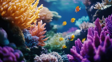 Naklejka premium Vibrant underwater scene with colorful corals and tropical fish swimming among them.