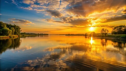 Naklejka premium Sunset casting a golden glow over a calm river, sunset, river, water, nature, sky, clouds, reflection, serene, peaceful