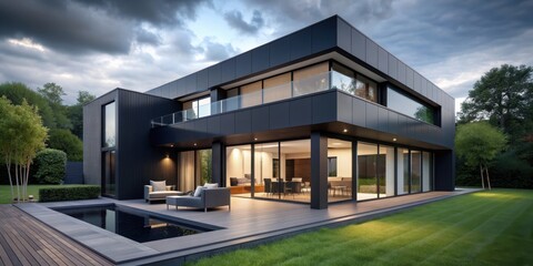 Obraz premium Modern black house with large windows and a terrace, architecture, contemporary, urban, design, exterior, residential