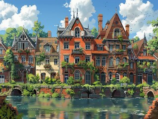 Fototapeta premium Charming Townhouses by the River: A Picturesque Landscape