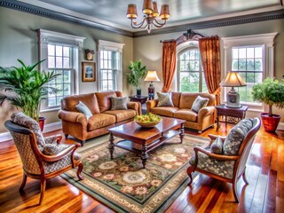 Luxury Colonial Living Room Interior with Classic Sofa and Armchair, Elegant Coffee Table, and Indoor Plants for Modern