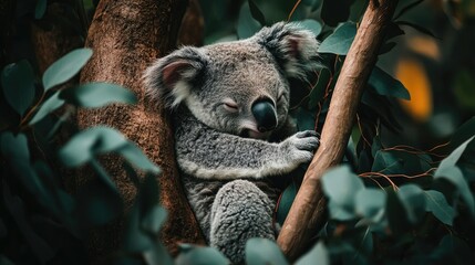 Fototapeta premium A koala resting in a eucalyptus tree, its gray fur blending into the bark and leaves