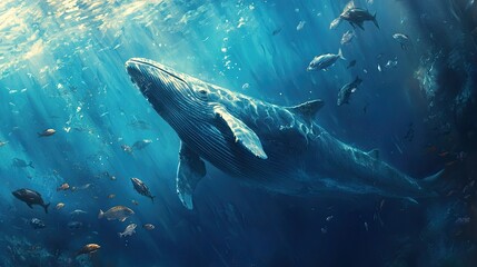 Fototapeta premium A large blue whale swimming gracefully through the deep ocean, surrounded by schools of fish and other sea life.