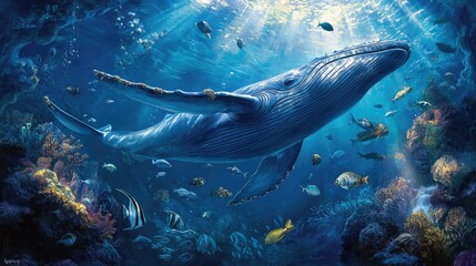 Fototapeta premium A large blue whale swimming gracefully through the deep ocean, surrounded by schools of fish and other sea life.