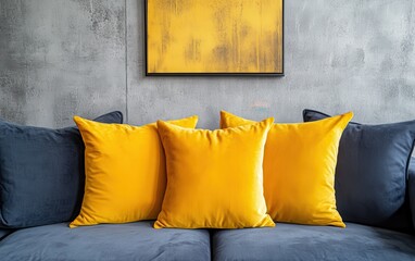 Close-up of the vibrant yellow pillows on the sofa, contrasting against the grey stucco or concrete wall. d