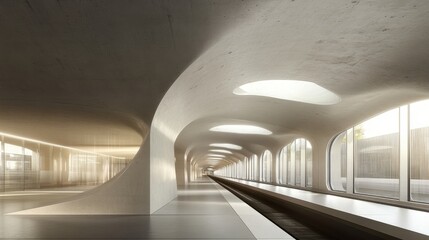 Futuristic station hallway with minimalist architecture, soft lighting from the roof, and windows lining the platform, creating a modern and serene space.