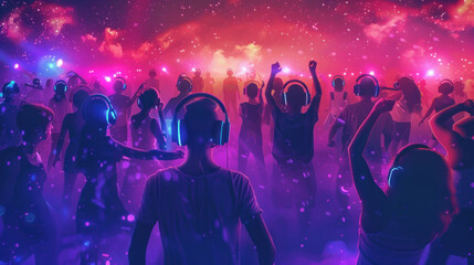 A vibrant silent disco festival with participants wearing headphones, dancing to their own beat under a starlit sky, surrounded by glowing neon lights.