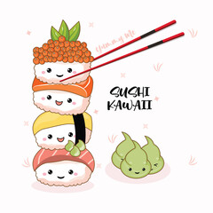 A cute stack collection of kawaii-style sushi in vector illustration. Featuring traditional Japanese dishes with a cute faces.