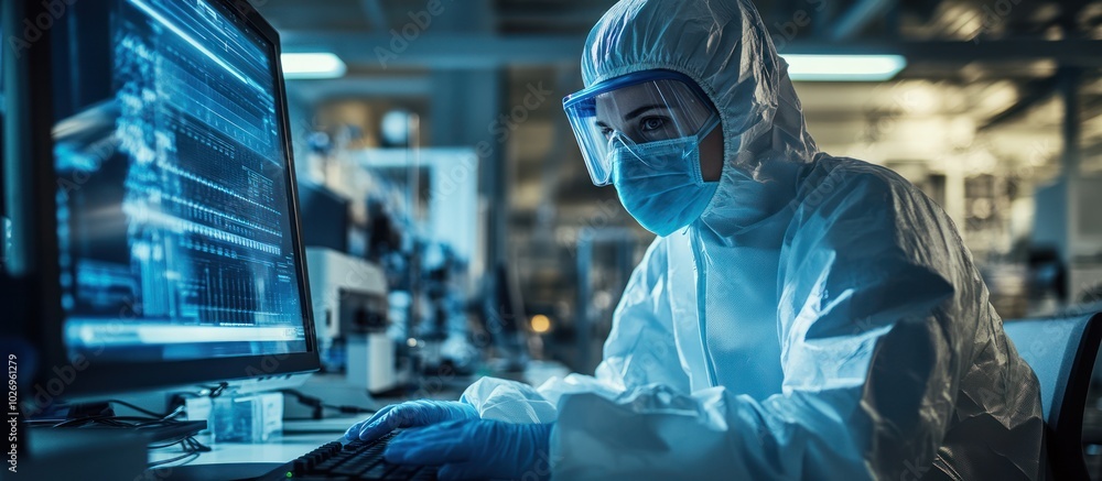 Poster scientist in protective clothing working on a computer in a laboratory.