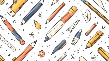 A detailed seamless pattern showcasing hand-drawn school supplies like pens, compasses, glue sticks, and notepads, rendered in a vector style, ideal for educational and back-to-school 