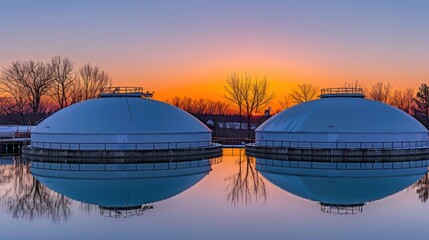 Obraz premium Two Domes Reflecting in a Still Water Body at Sunset
