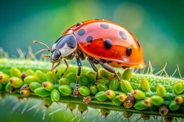 Fototapeta premium Macro Ladybug Devouring Green Aphids with Bokeh Effect for Nature Photography