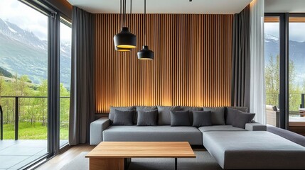 A luxurious hotel living room with panoramic windows, a sleek grey sofa, oak acoustic slat wall panels, and minimalist hanging lights.