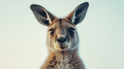 A close-up portrait of a kangaroo with a serene expression against a soft background.