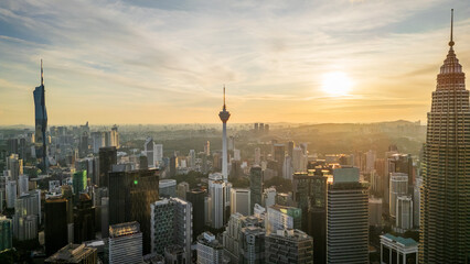 Obraz premium Aerial skyline at sunset cityscape of smart city in Kuala Lumpur, Malaysia on 11 October 2024