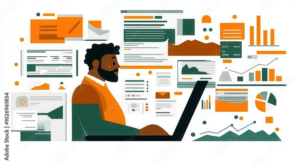 Poster a man working on a laptop, surrounded by colorful data visuals and charts, representing analysis and