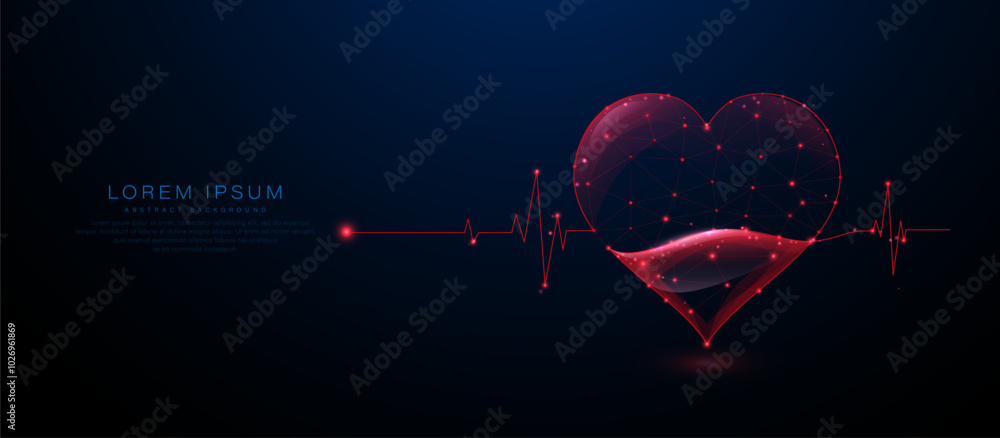 Poster abstract heart and ecg line on dark background with glowing red dots
