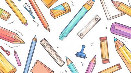 A detailed seamless pattern showcasing hand-drawn school supplies like pens, compasses, glue sticks, and notepads, rendered in a vector style, ideal for educational and back-to-school 
